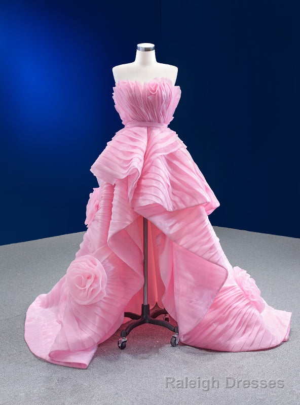 Pink Organza  Strapless Pleats Flower Prom Dress Main image