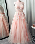 Pink Plus Size Prom Dresses Tulle Appliques