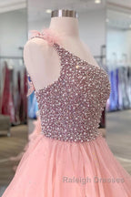 Pink Prom Dress A Line One Shoulder Long Party Evening Dress with Beading Ruffles