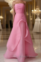 Pink Prom Dress Tulle Evening Gown Strapless Ruffles A-line Simple Prom Dresses For Teens