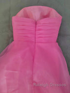 Pink Prom Dress Tulle Evening Gown Strapless Ruffles A-line Simple Prom Dresses For Teens