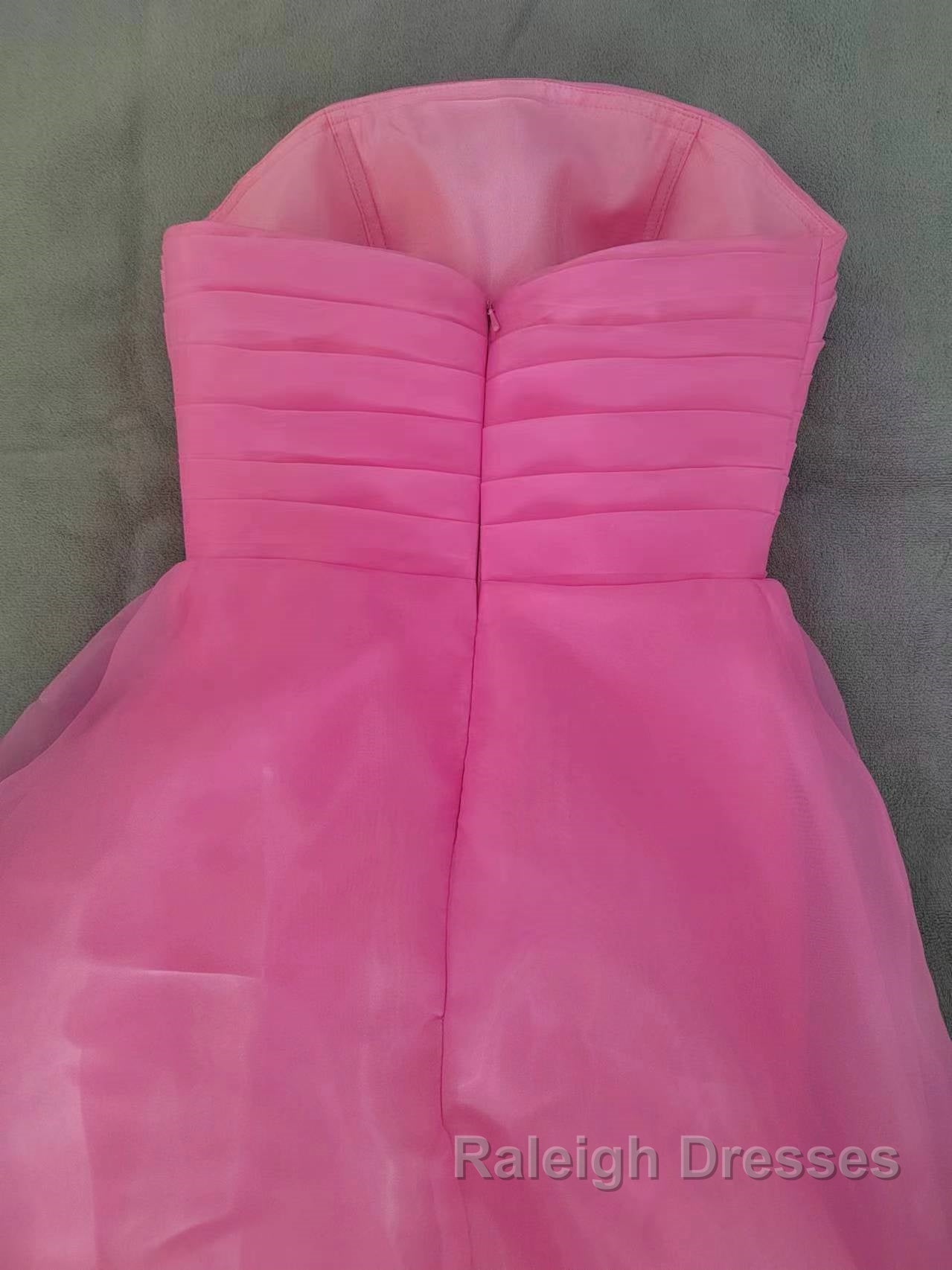 Pink Prom Dress Tulle Evening Gown Strapless Ruffles A-line Simple Prom Dresses For Teens