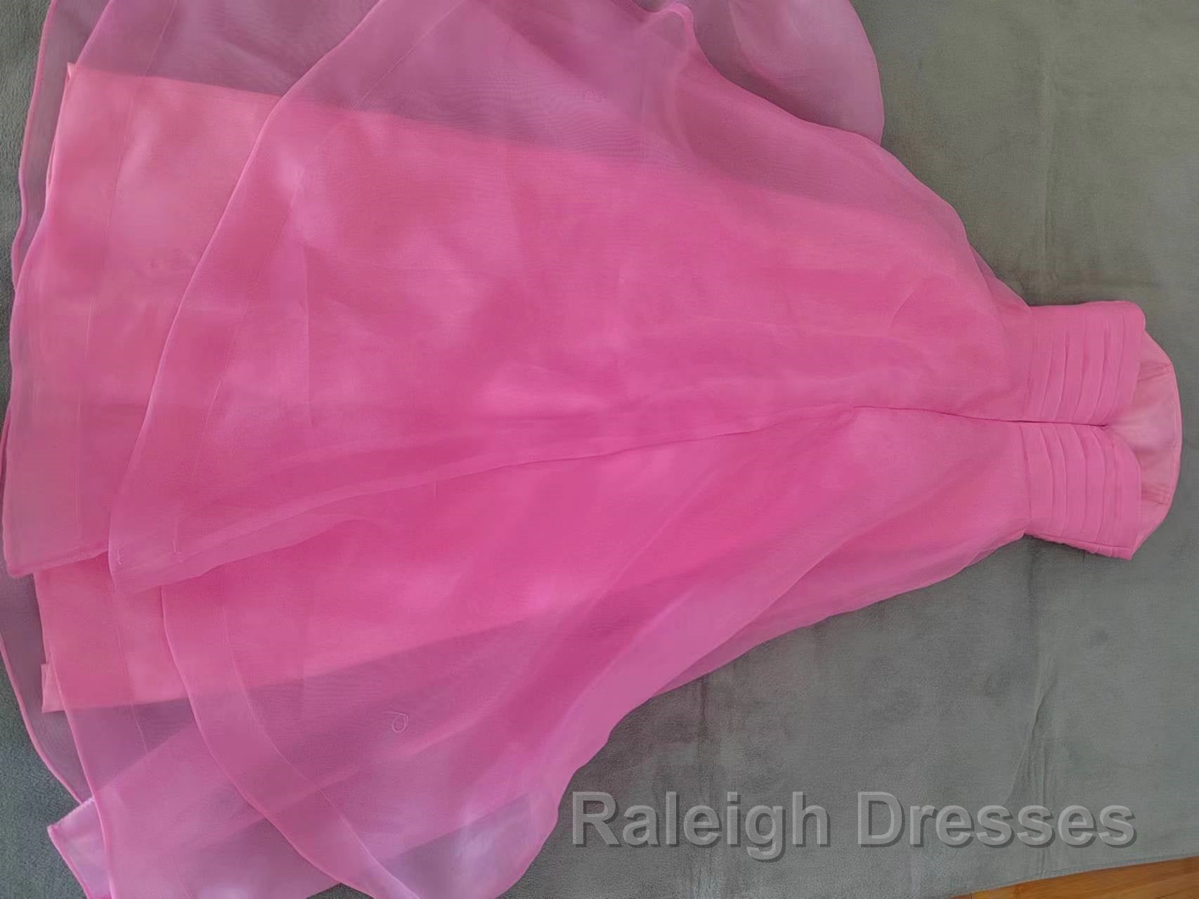 Pink Prom Dress Tulle Evening Gown Strapless Ruffles A-line Simple Prom Dresses For Teens