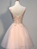 Pink Prom Dresses Short With Lace Appliques A Line Tulle Prom Wear