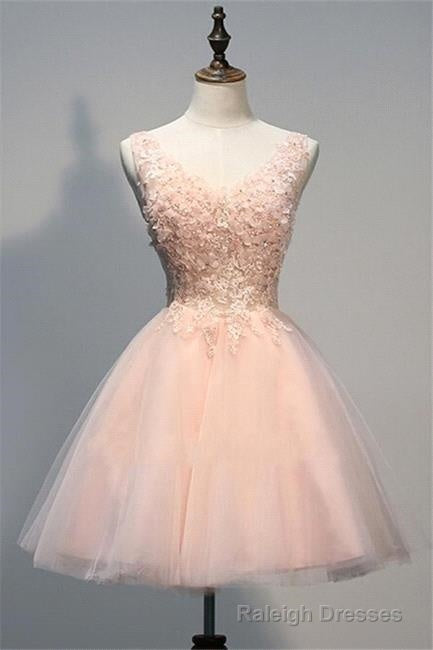 Pink Prom Dresses Evening Dresses Short With Lace Appliques A Line Tulle Evening Wear Main image