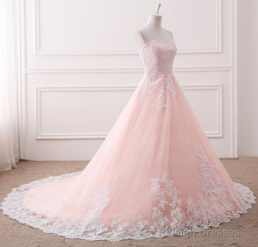 Pink Puffy Ball Gowns Princess Sweetheart Tulle Prom Dresses With White Lace Pink Sweet 16 Gowns Secondary image