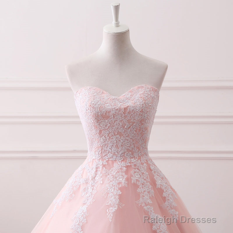 Pink Puffy Ball Gowns Princess Sweetheart Tulle Prom Dresses With White Lace Pink Sweet 16 Gowns