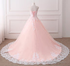 Pink Puffy Ball Gowns Princess Sweetheart Tulle Prom Dresses With White Lace Pink Sweet 16 Gowns