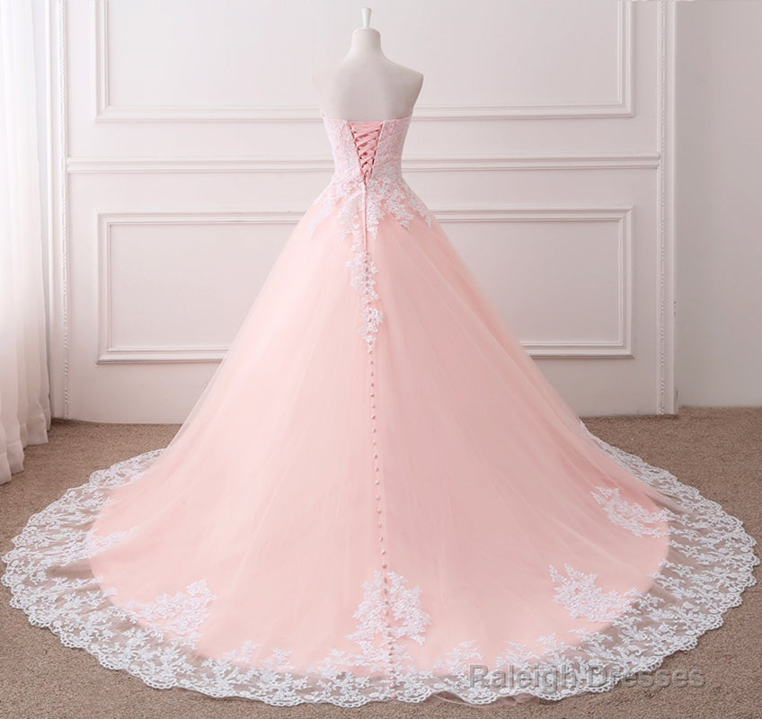 Pink Puffy Ball Gowns Princess Sweetheart Tulle Prom Dresses With White Lace Pink Sweet 16 Gowns
