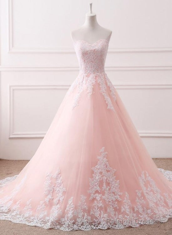 Pink Puffy Ball Gowns Princess Sweetheart Tulle Prom Dresses With White Lace Pink Sweet 16 Gowns Main image