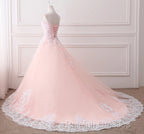 Pink Puffy Ball Gown Princess Sweetheart Tulle Prom Dresses With White Lace Prom Dresses