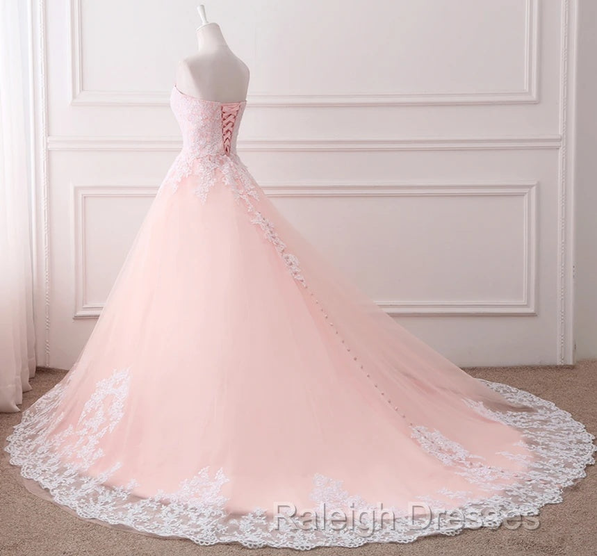 Pink Puffy Ball Gown Princess Sweetheart Tulle Prom Dresses With White Lace Prom Dresses