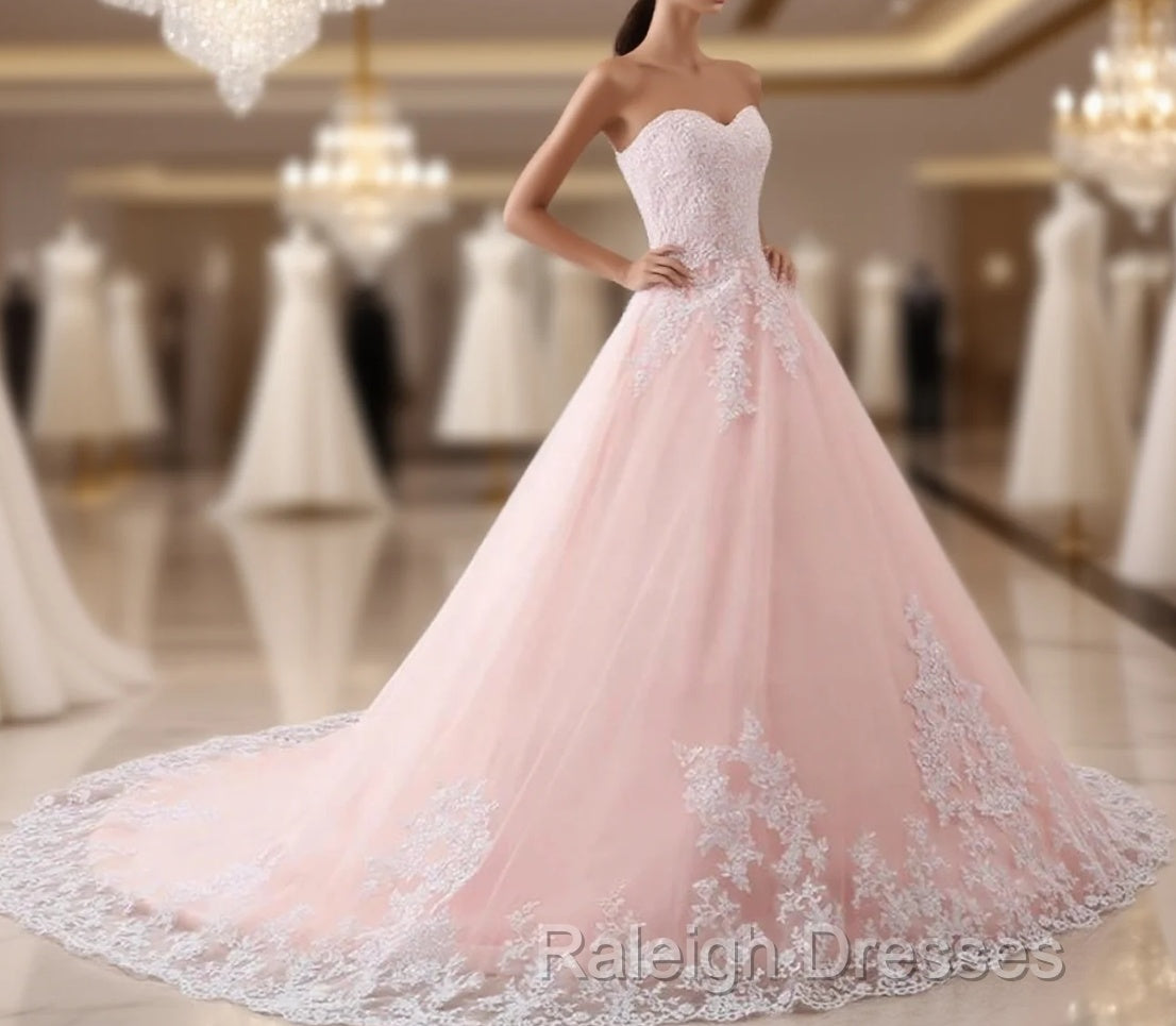 Pink Puffy Ball Gown Princess Sweetheart Tulle Formal Dress With White Lace Prom Dress