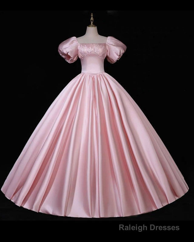 Pink Puffy Sleeve Ball Gown Satin Dress