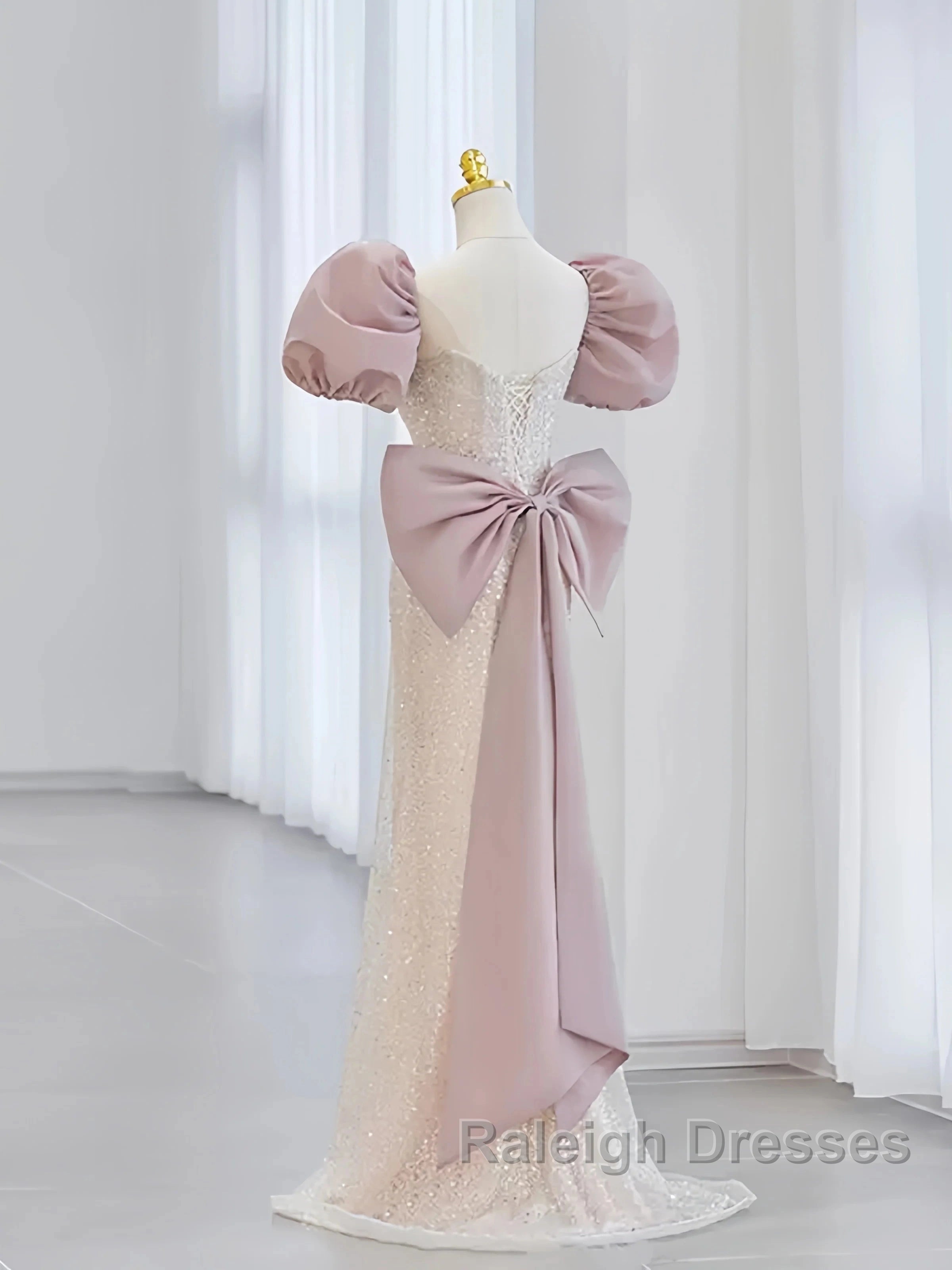 Pink Puffy Sleeves Trumpet Mermaid Sequin Prom Dress