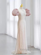 Pink Puffy Sleeves Trumpet Mermaid Sequin Prom Dresses