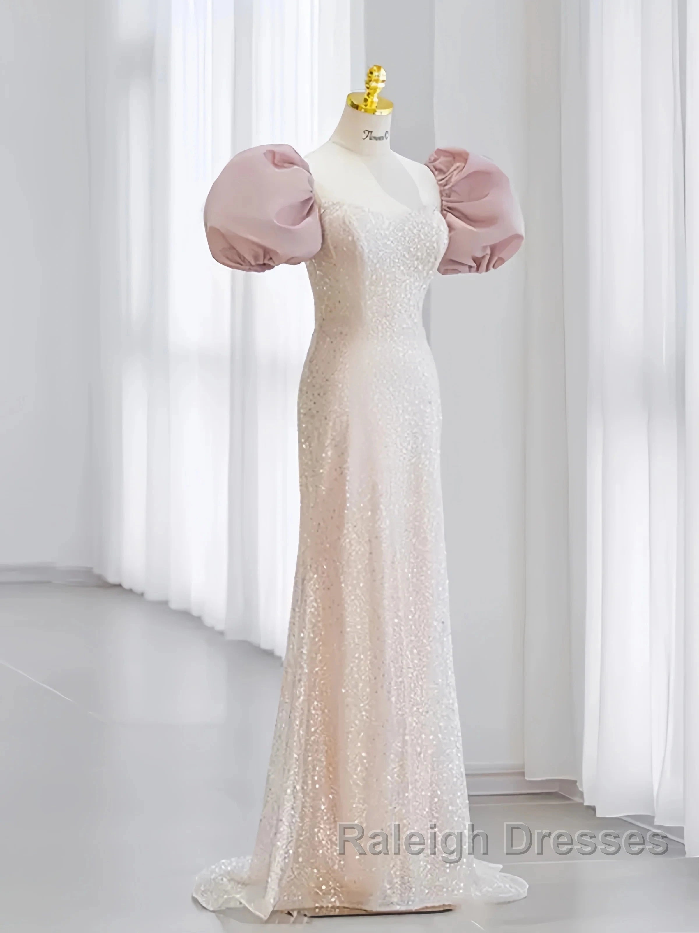 Pink Puffy Sleeves Trumpet Mermaid Sequin Prom Dresses