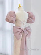 Pink Puffy Sleeves Trumpet Mermaid Sequin Prom Dresses