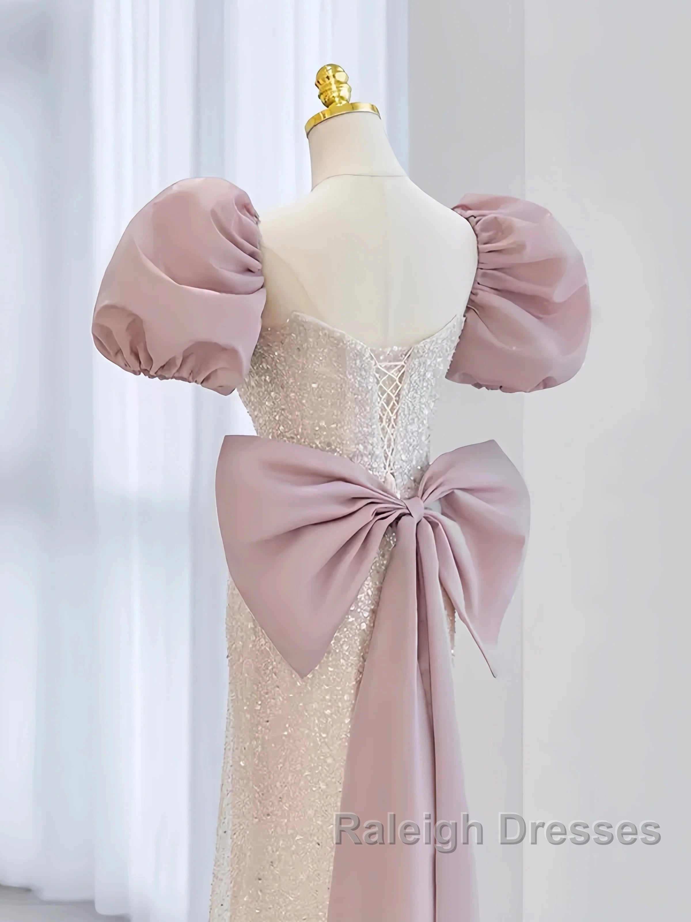 Pink Puffy Sleeves Trumpet Mermaid Sequin Prom Dresses