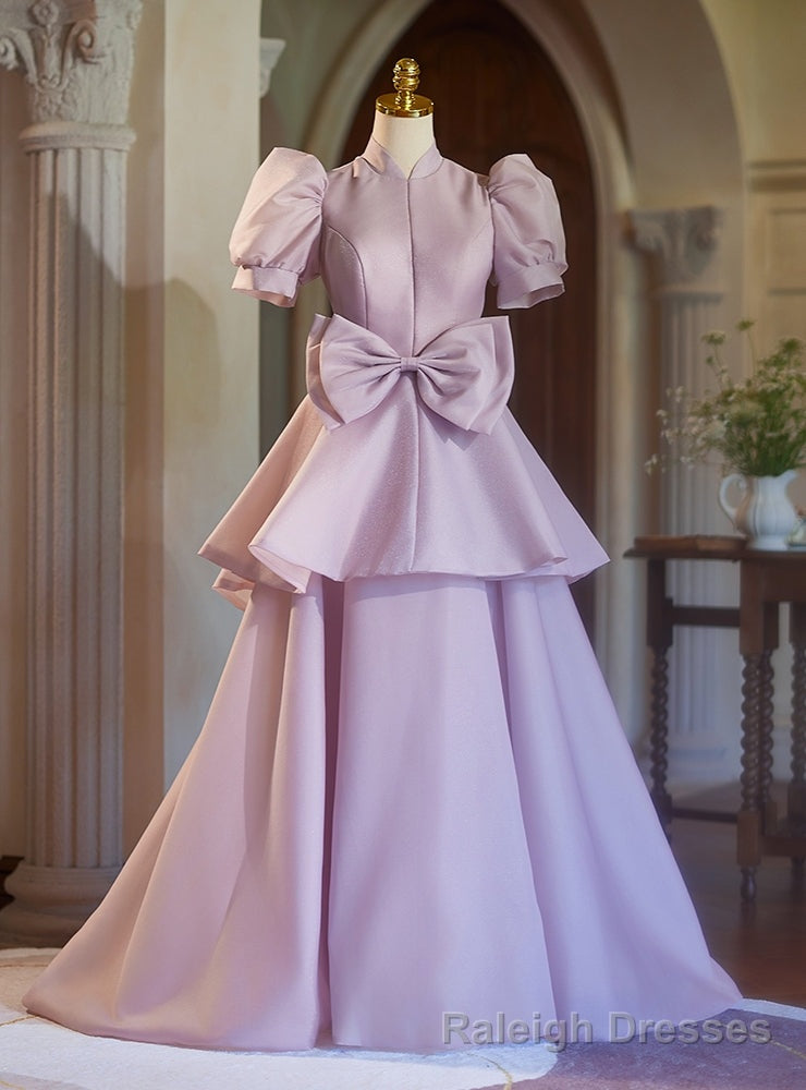 Pink Purple Satin High Neck Puff Sleeve Bow Prom Dress Main image