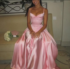 Pink Retro Elegant Sweetheart Neckline A-Line Spaghetti Strap Satin Long Prom Dresses Birthday Prom Dresses Bridesmaid Dresses