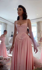 Pink Retro Elegant Sweetheart Neckline A-Line Spaghetti Strap Satin Long Prom Dresses Birthday Prom Dresses Bridesmaid Dresses