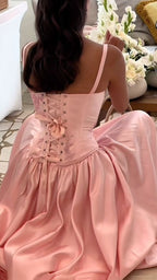 Pink Retro Elegant Sweetheart Neckline A-Line Spaghetti Strap Satin Long Prom Dresses Birthday Prom Dresses Bridesmaid Dresses