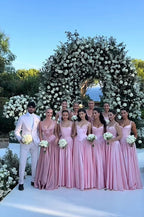 Pink Retro Elegant Sweetheart Neckline A-Line Spaghetti Strap Satin Long Prom Dresses Birthday Prom Dresses Bridesmaid Dresses