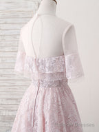 Pink Round Neck Lace Tulle Short Prom Dress, Pink Homecoming Dress