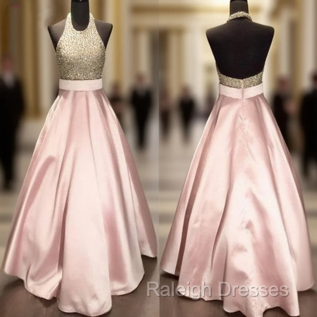 Pink Round Neck Sequin Long Prom Gown, Pink Evening Dress For Teens