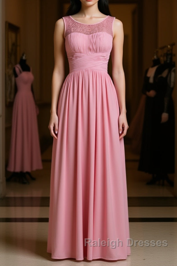 Pink round neck tulle lace long prom dress, pink lace bridesmaid dress Main image
