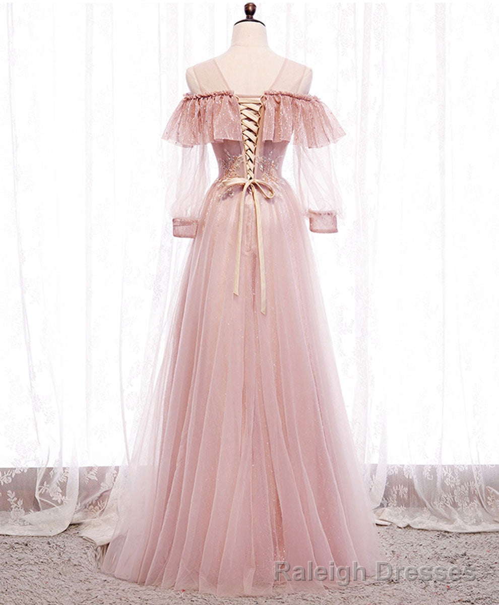 Pink Round Neck Tulle Lace Long Prom Dress Pink Lace Evening Dress Secondary image