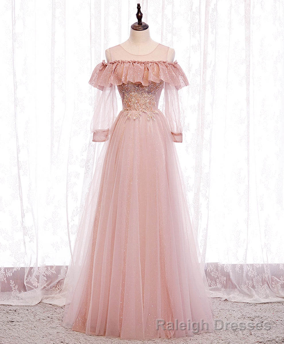 Pink Round Neck Tulle Lace Long Prom Dress Pink Lace Evening Dress Main image