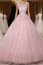 Pink round neck tulle lace long prom dress pink tulle formal dress