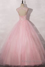 Pink round neck tulle lace Prom Dresses Long pink tulle Prom Dresses