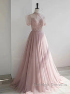Pink Round Neck Tulle Sequin Long Prom Dress Formal Dress Short Sleeves December Wedding Guest Dress