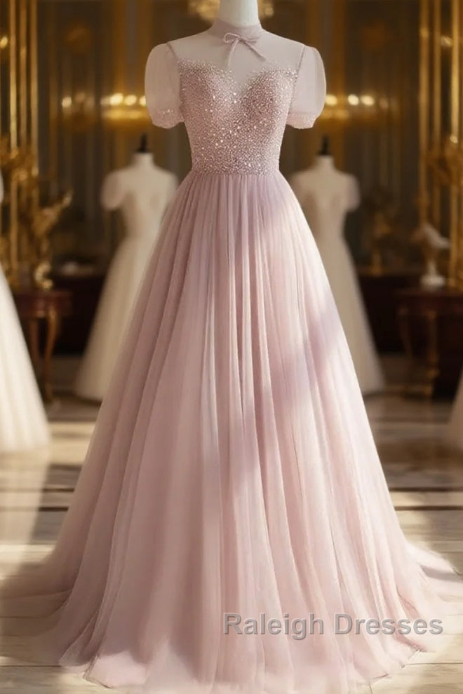 Pink Round Neck Tulle Sequin Long Prom Dress Formal Dress Short Sleeves December Wedding Guest Dress Main image