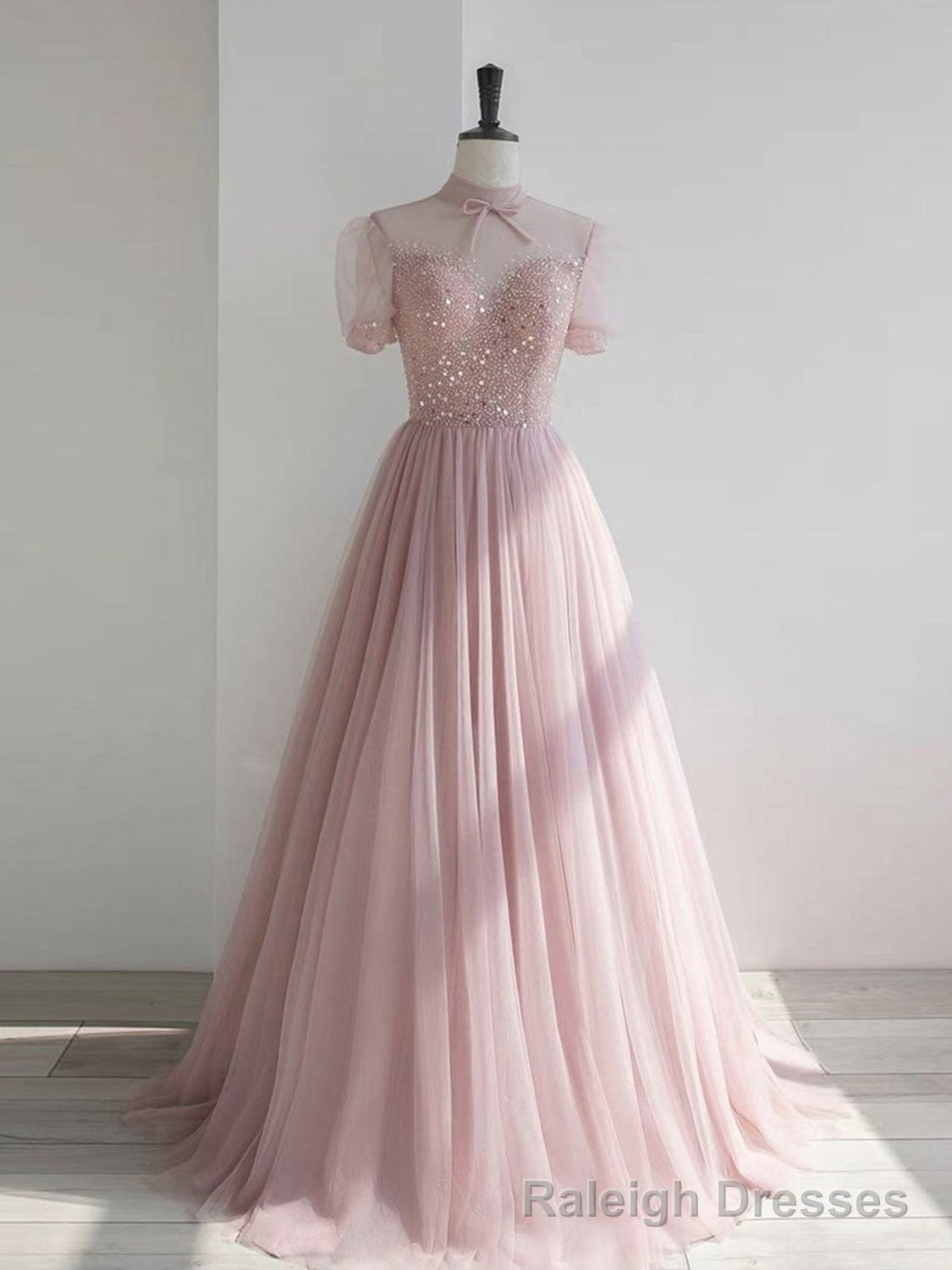 Pink round neck tulle sequin long prom dress, pink tulle formal dress