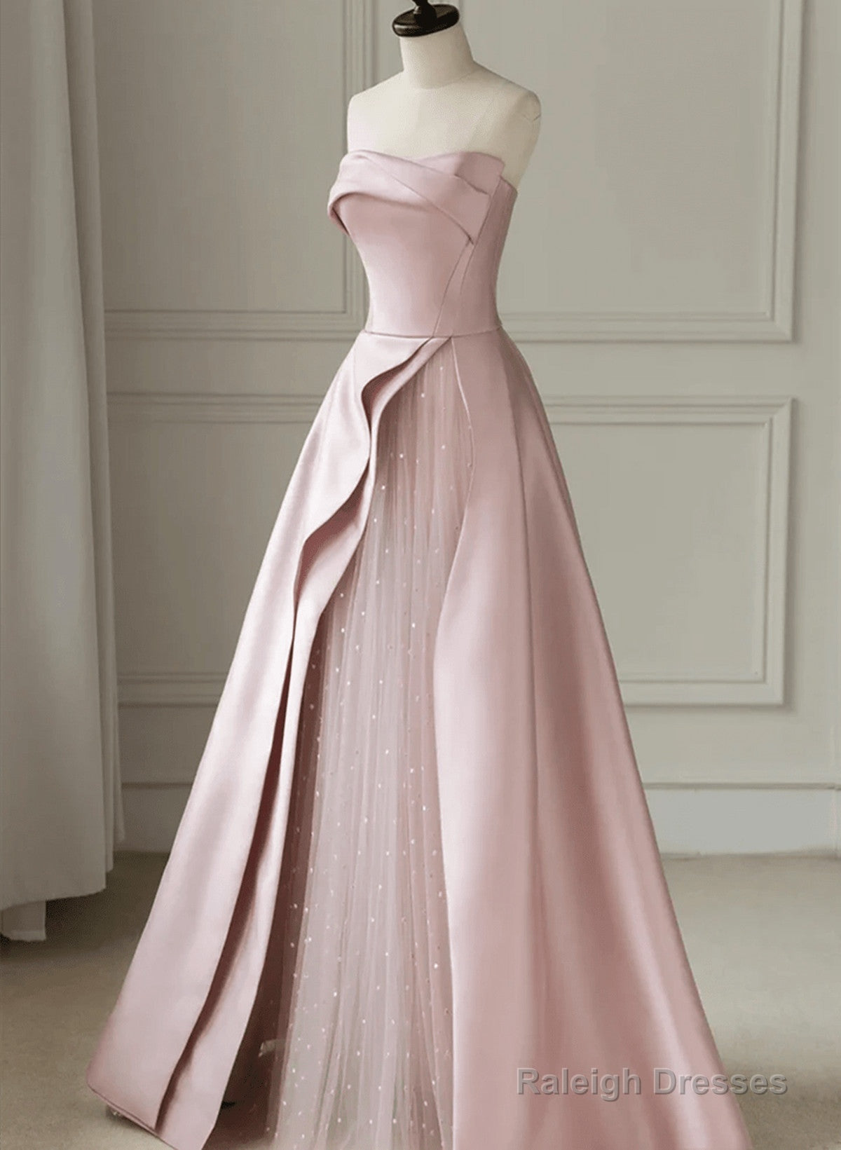 Pink Satin And Tulle Long Party Dress, A-Line Pink Prom Dress Main image