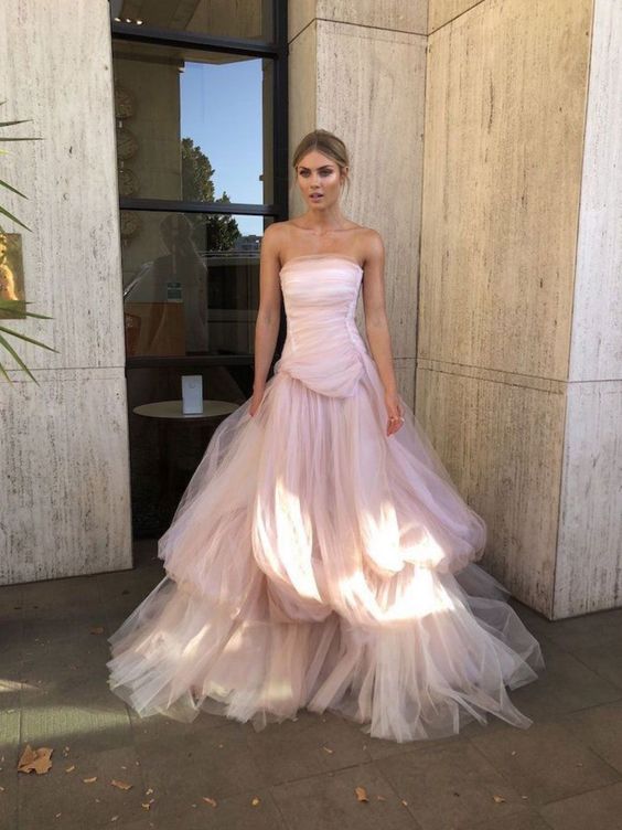 Light Pink Tulle Long Prom Dresses Pink Tulle Prom Dresses