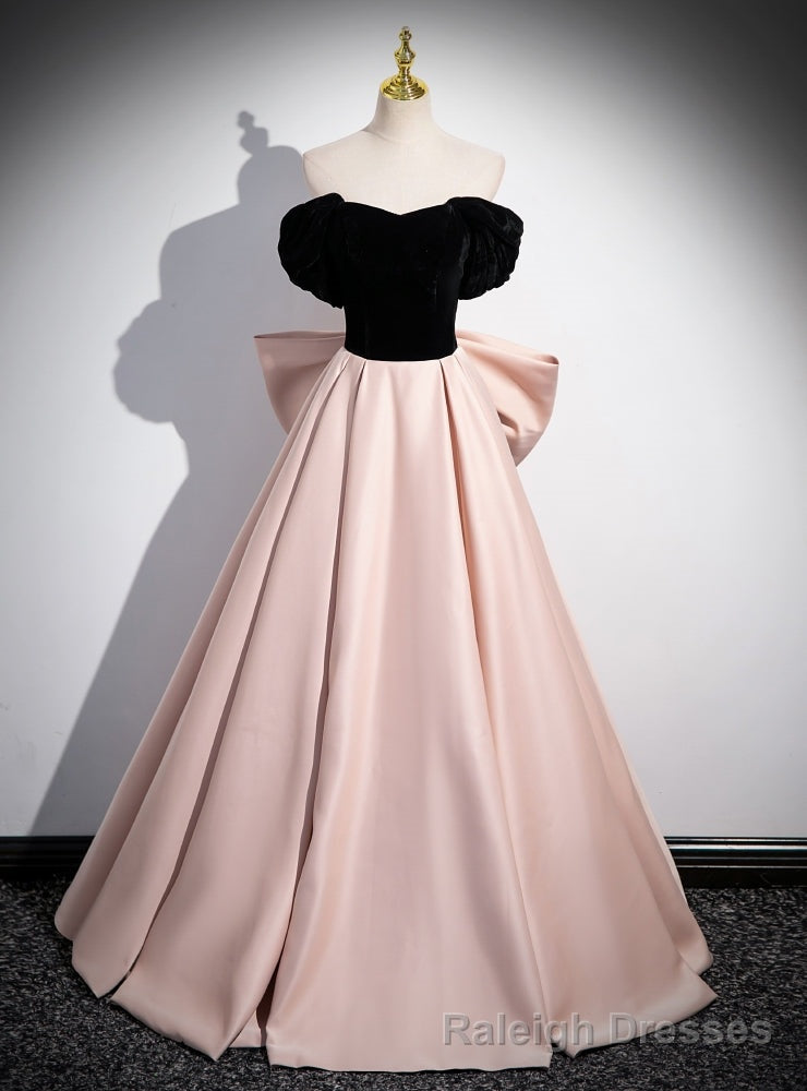 Pink Satin Black Velvet Off the Shoulder Bow Prom Dress Main image