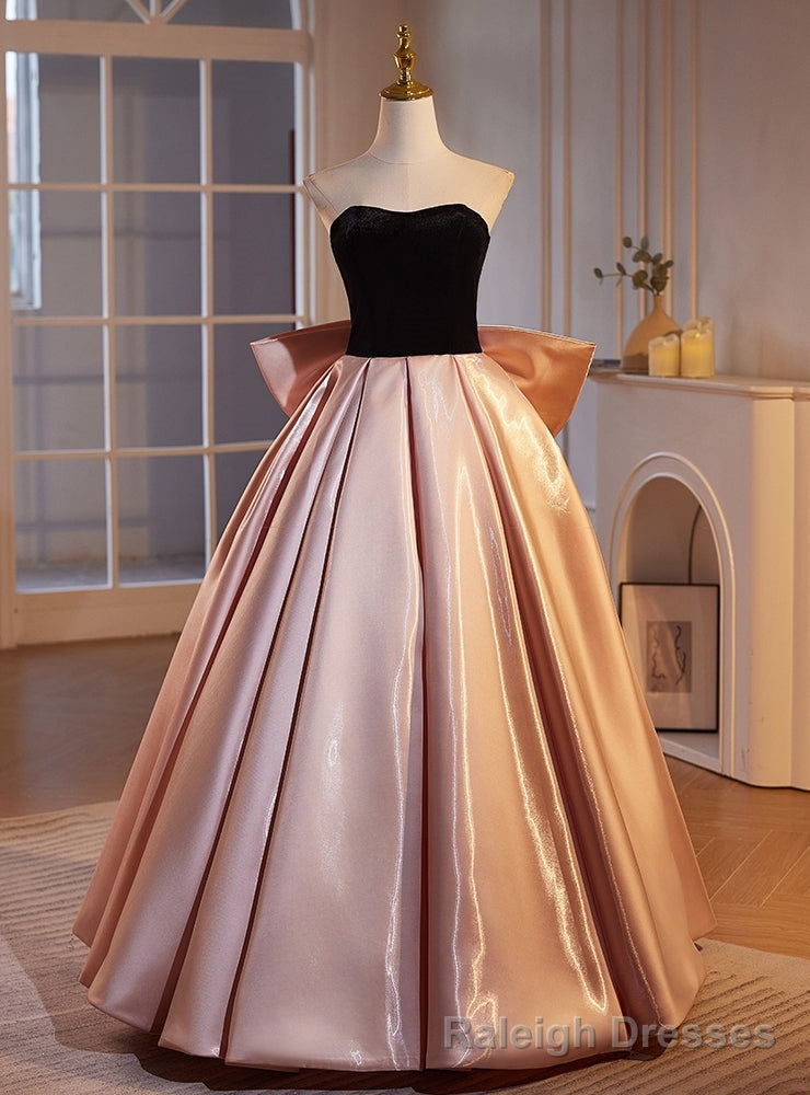 Pink Satin Black Velvet Strapless Prom Dress Main image