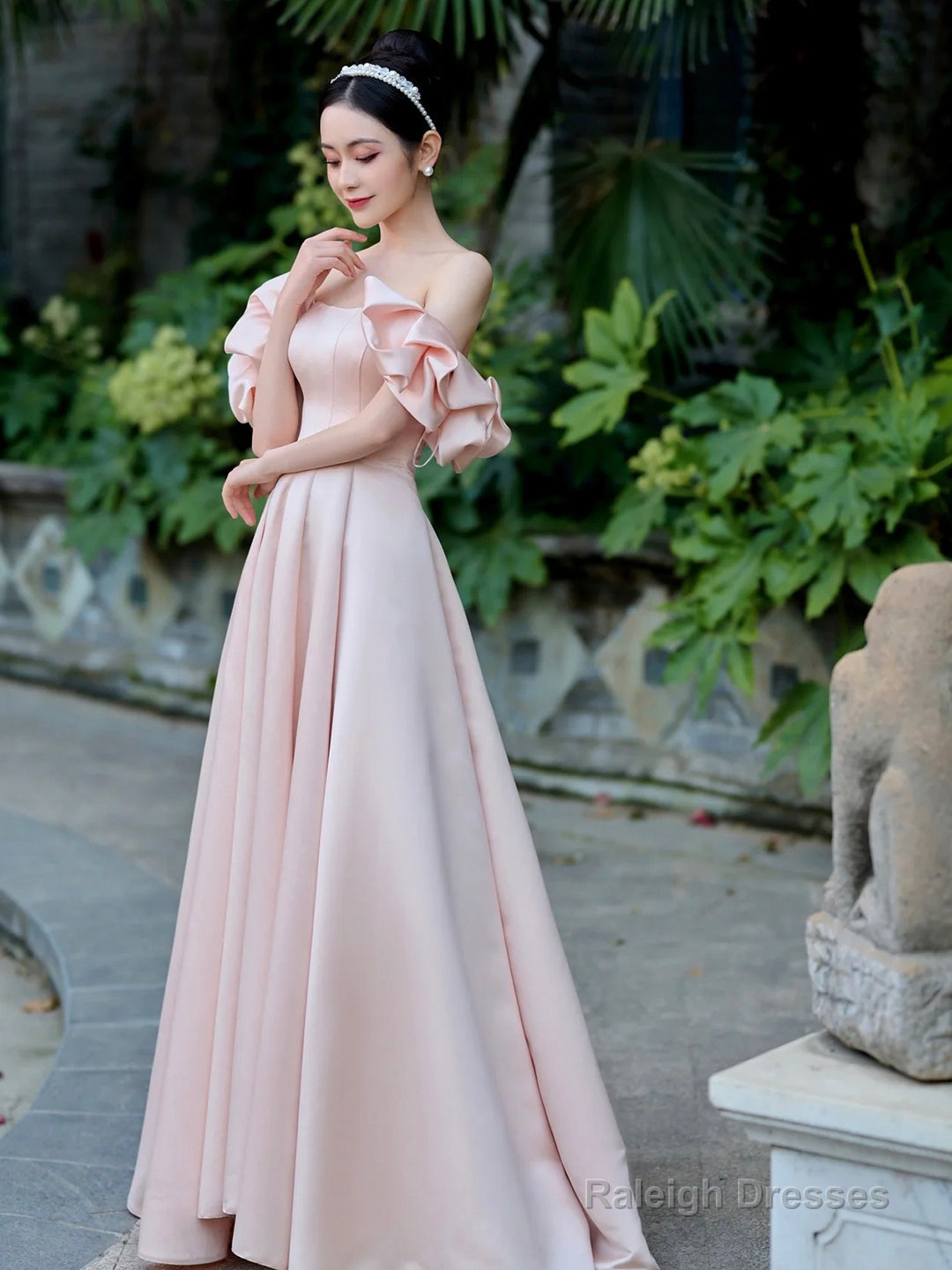 Pink Satin Floor Length Prom Dress, Off The Shoulder Evening Party Dress Secondary image