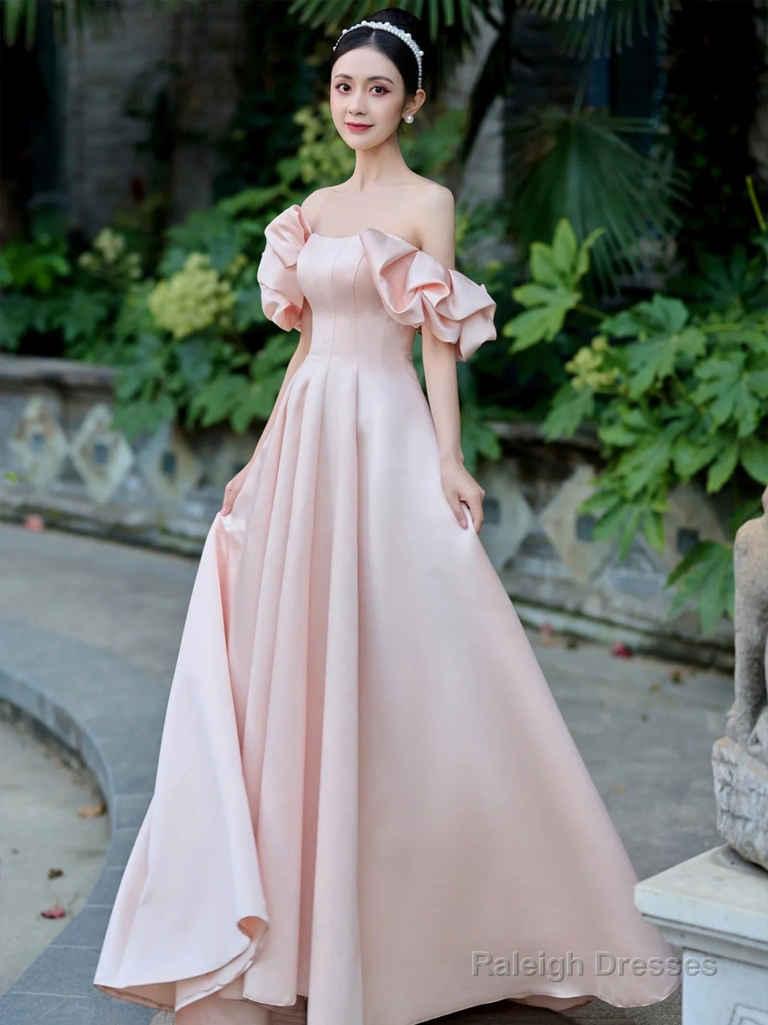 Pink Satin Floor Length Prom Dress, Off The Shoulder Evening Party Dre