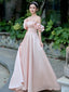 Pink Satin Floor Length Prom Dress, Off The Shoulder Evening Party Dress