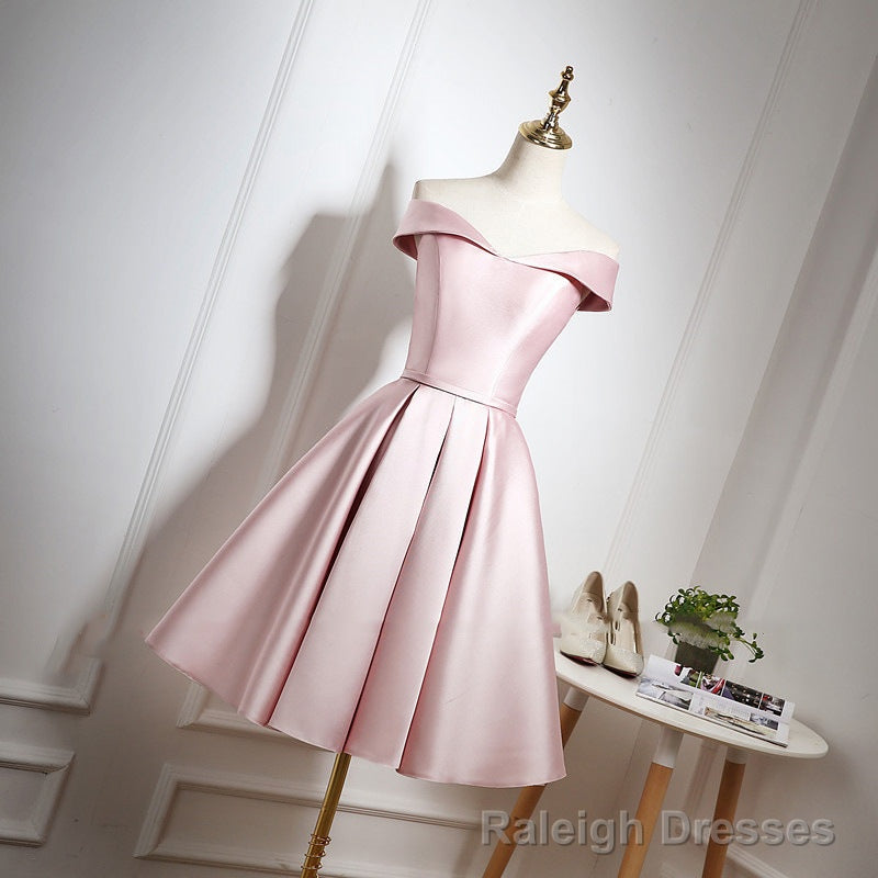 Pink Satin Knee Length Homecoming Dress, Off the Shoulder Homecoming Dress Main image