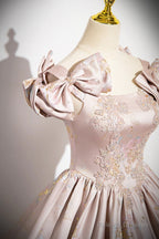 Pink Satin Lace Long Prom Dress, A-Line Scoop Neckline Formal Evening Dress