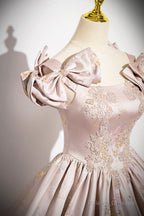 Pink Satin Lace Long Prom Dresses A-Line Scoop Neckline Prom Dresses
