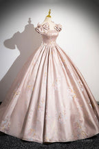 Pink Satin Lace Long Prom Dress, A-Line Scoop Neckline Formal Evening Dress