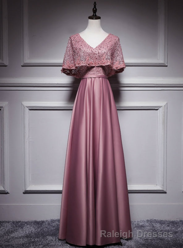 Pink Satin Lace V-neck Bat Pearls Prom Dress Main image